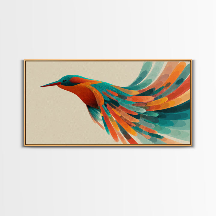 Colorful Hummingbird In Flight Canvas Print, Midcentury Modern Bird Art, Tropical Nature Decor, Vibrant Living Room Wall Art