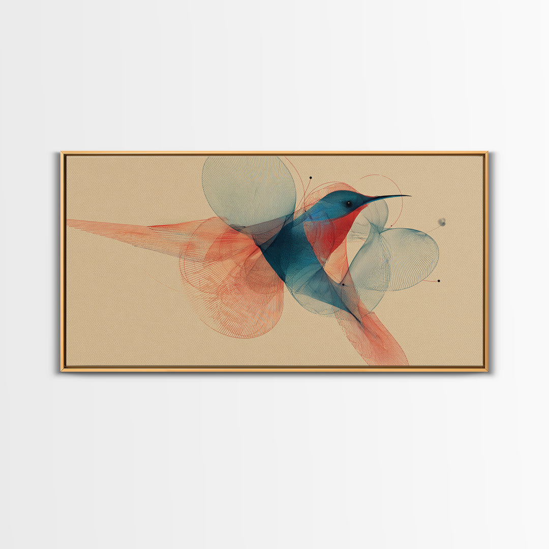 Abstract Hummingbird With Circle Forms Wall Art, Midcentury Modern Bird Print, Geometric Nature Decor, Teal Coral Art Print