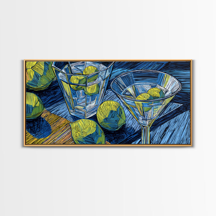 Blue Linocut Martini Glasses With Limes Canvas Print, Retro Cocktail Wall Decor, Bar Cart Art Print, Kitchen Poster Gift