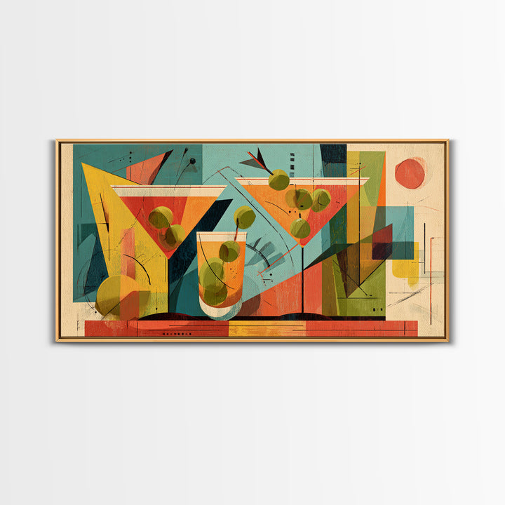 Midcentury Martini Glasses And Olives Wall Art, Atomic Cocktail Poster Print, Retro Bar Decor, Geometric Modern Home Decor