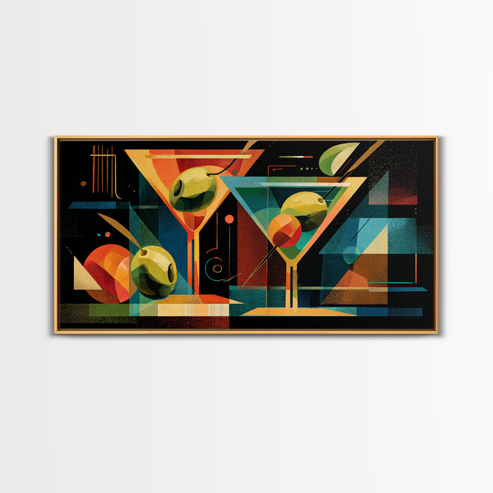Bauhaus Martini Glasses And Green Olives Framed Canvas Print, Mid Century Modern Bar Wall Decor, Atomic Cocktail Art Print