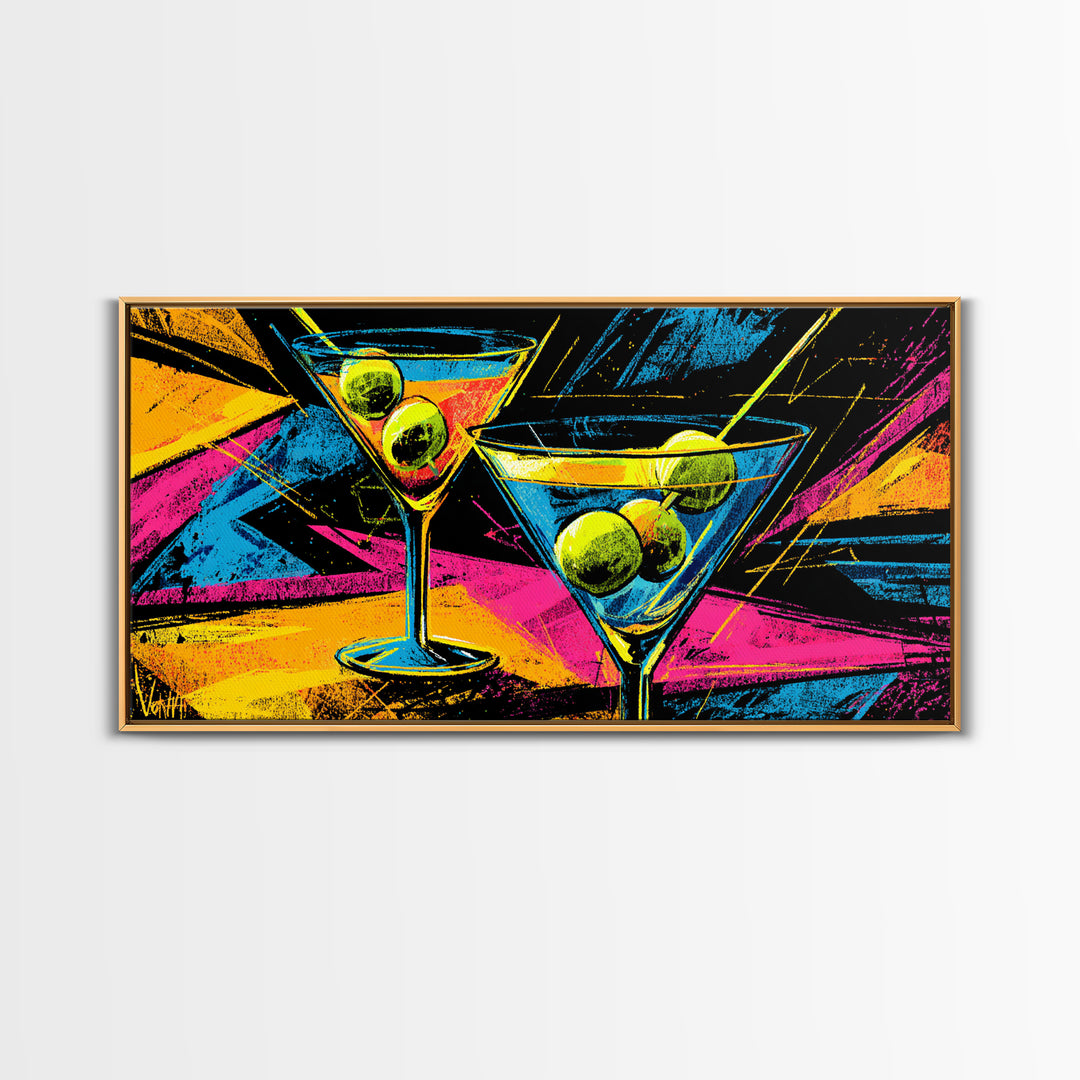 Neon Martini Glasses With Olives Canvas Print, Retro Bar Art, Vibrant Cocktail Poster, Funky Wall Decor For Kitchen Lounge