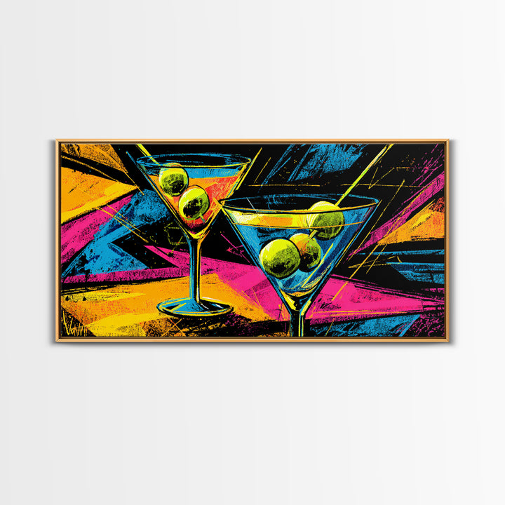 Neon Martini Glasses With Olives Canvas Print, Retro Bar Art, Vibrant Cocktail Poster, Funky Wall Decor For Kitchen Lounge