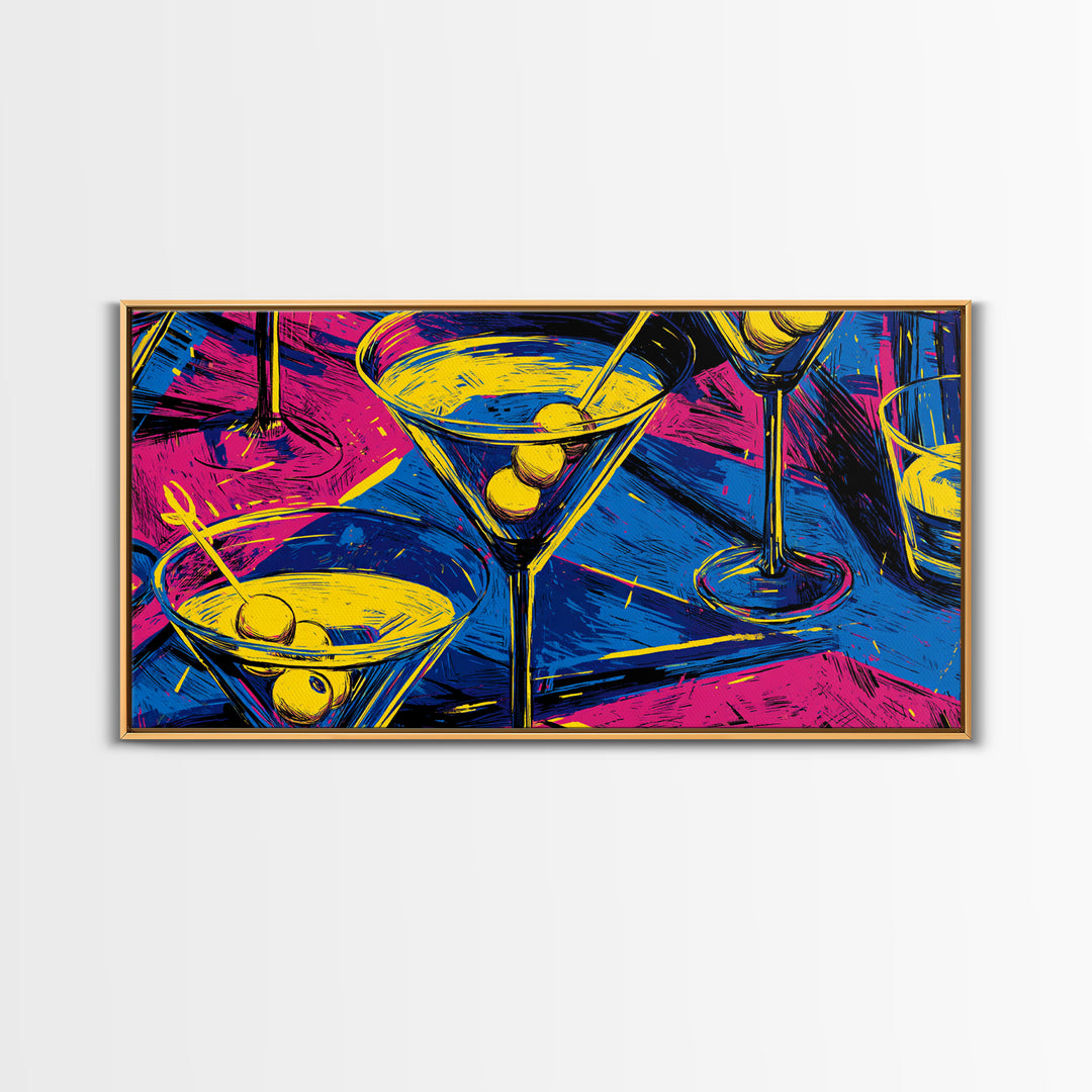 Electric Neon Martini Glasses And Olives Wall Art, Pop Art Cocktail Poster, Retro Bar Cart Decor, Colorful Kitchen Art Print