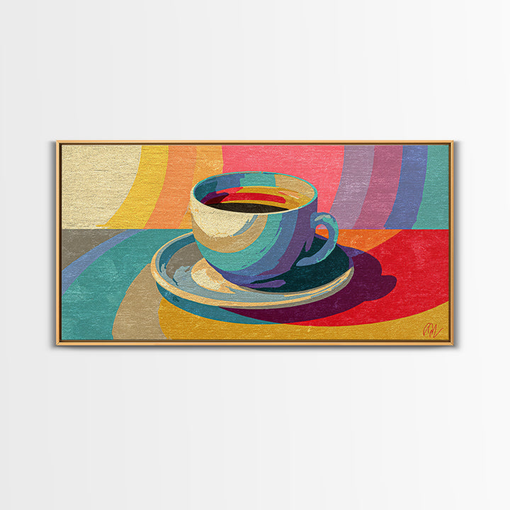Rainbow Coffee Cup And Saucer Canvas Print, Retro Kitchen Wall Art, Colorful Midcentury Poster, Bright Cafe Home Decor Print