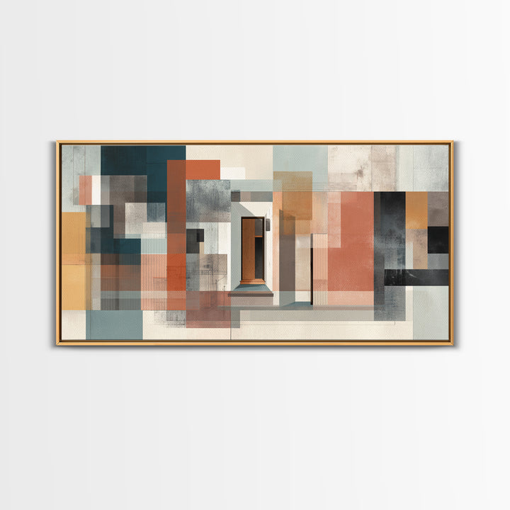 Abstract Doorway Facade Canvas Print, Bauhaus Architecture Wall Art, Midcentury Modern Decor, Rust Teal Office Poster Print