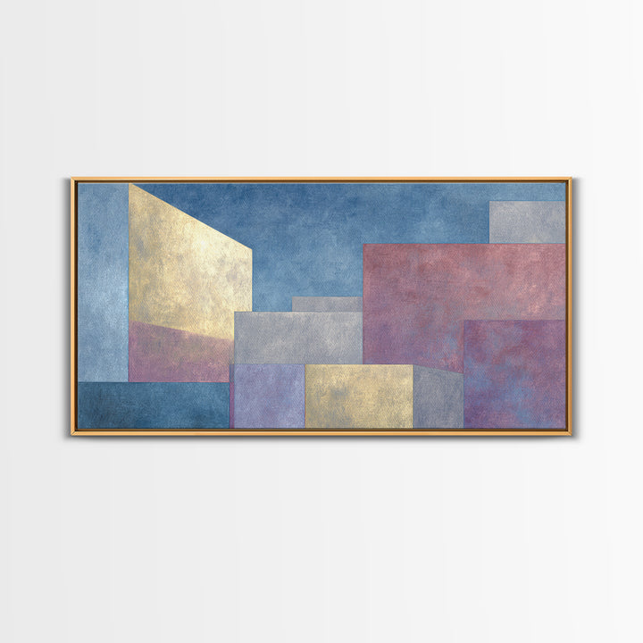 Pastel Architectural Blocks Wall Art, Minimal Geometric Modern Decor, Blue Purple Abstract Framed Canvas Print For Office