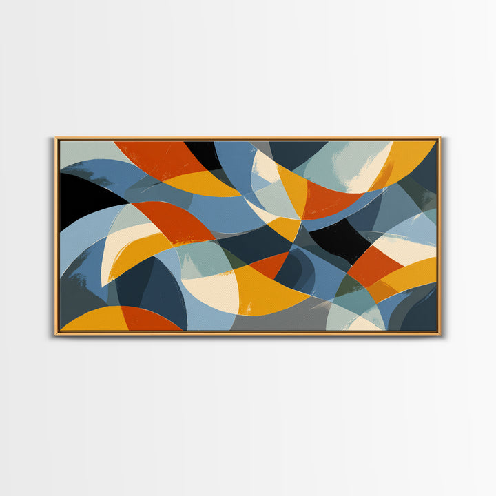 Blue Orange And Golden Crescent Geometry Wall Art, Midcentury Modern Abstract Art Print, Retro MCM Decor For Office And Home