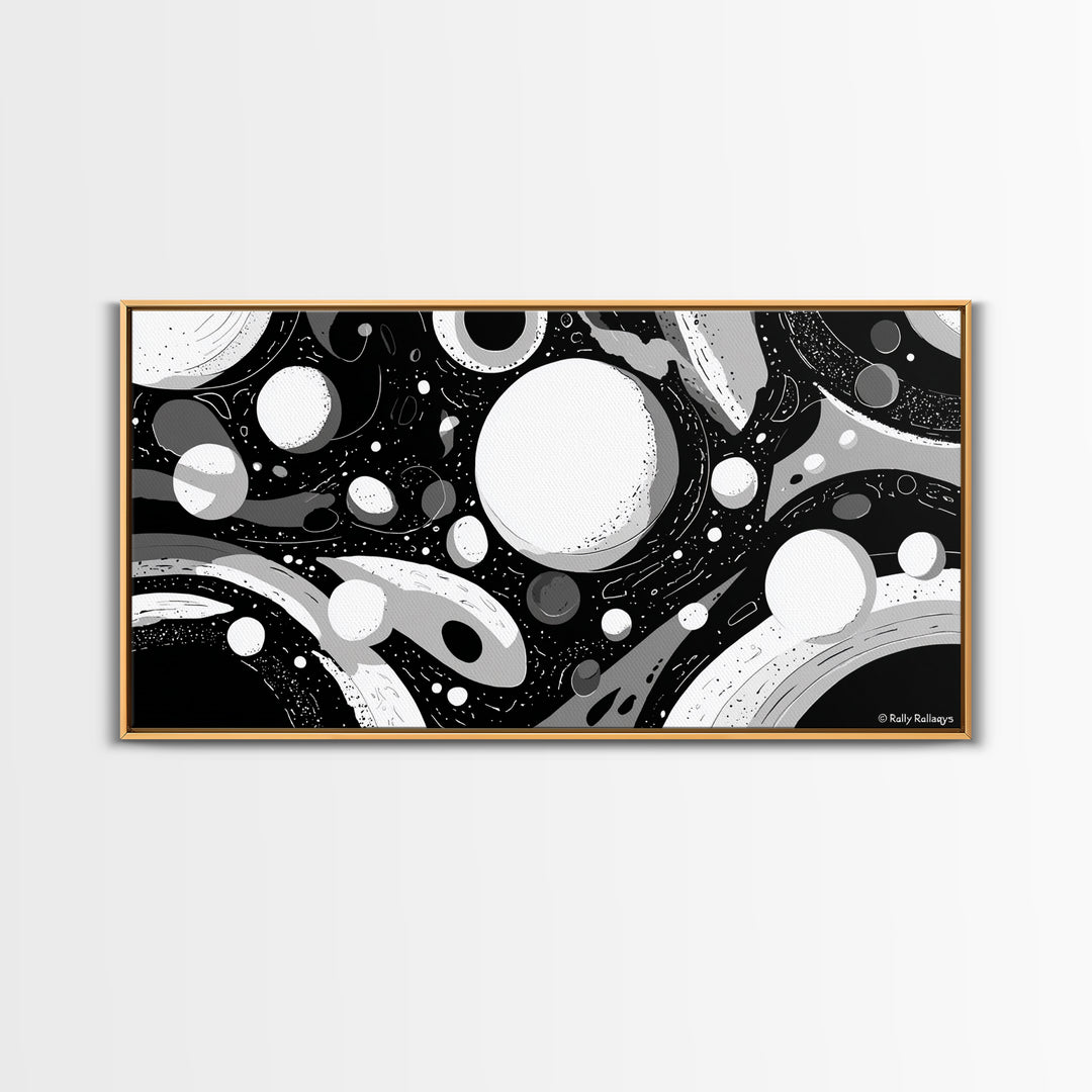 Black White And Gray Cosmic Bubbles Wall Art, Modern Abstract Art Print, Retro Sci Fi Space Decor For Office Or Game Room