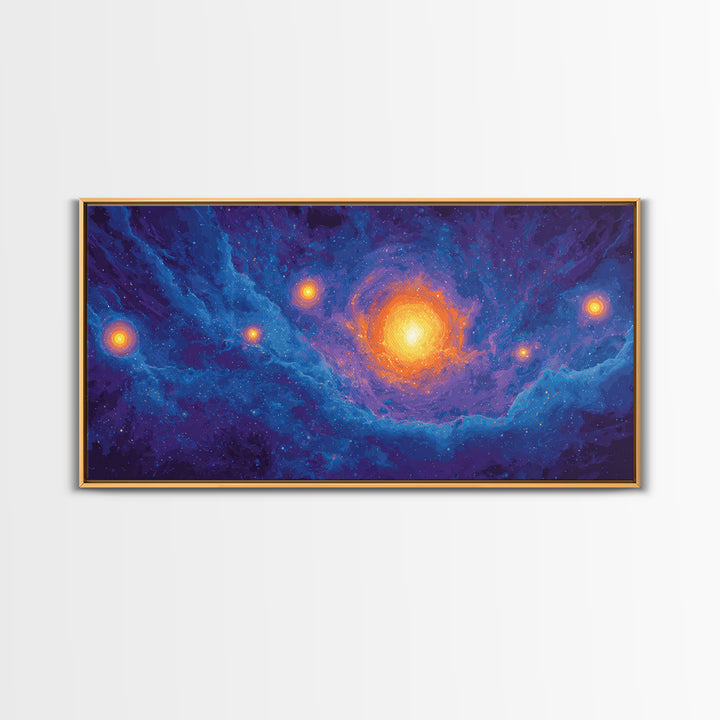 Glowing Blue Galaxy Nebula With Orange Stars Wall Art, Modern Abstract Art Print, Cosmic Retro Poster, Living Room Decor