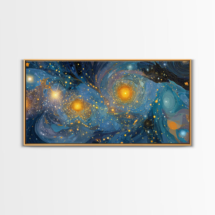 Swirling Starry Blue And Gold Galaxy Framed Canvas Print, Modern Wall Art, Abstract Poster, Celestial Living Room Decor Prints