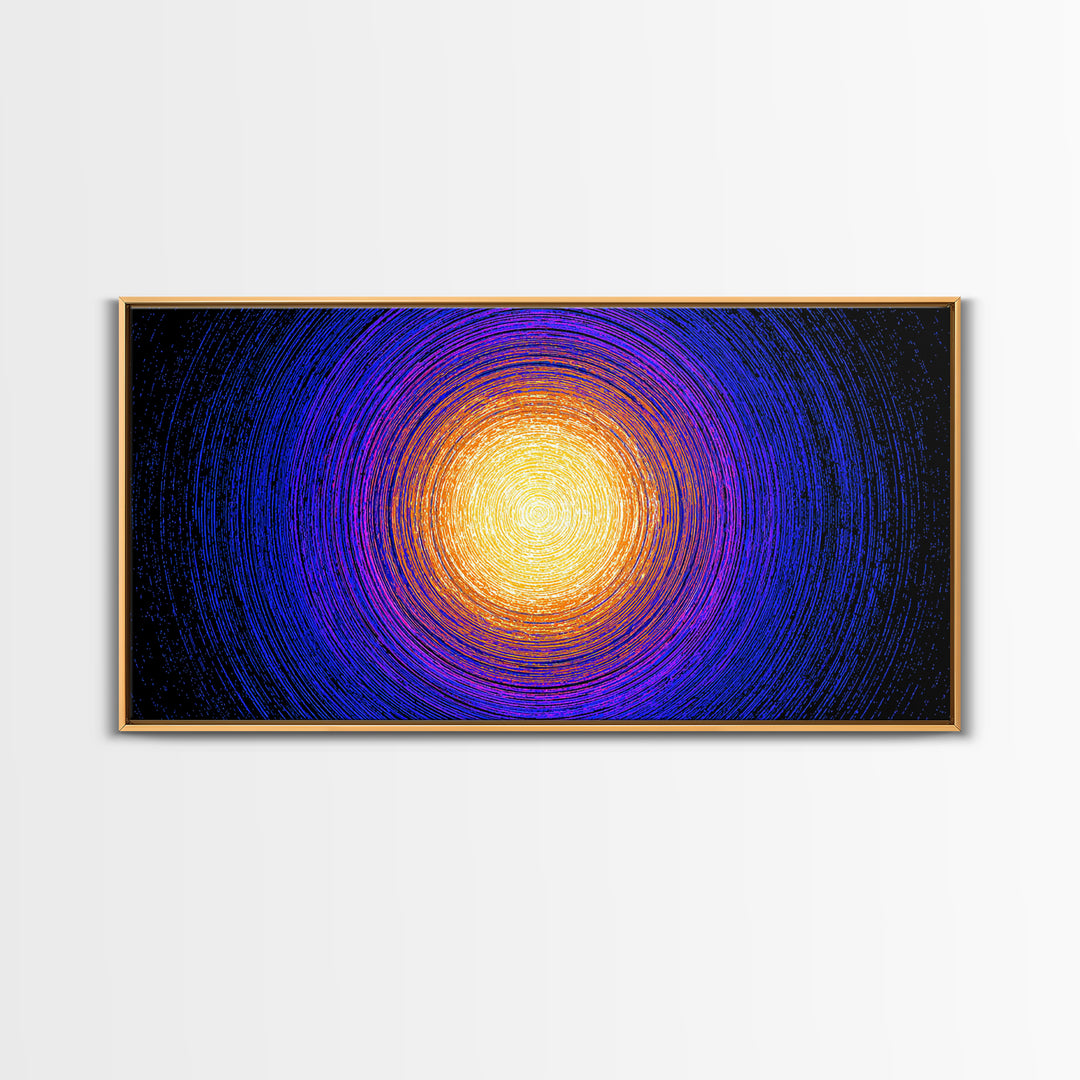 Golden Sun Blue Vortex Canvas Print, Cosmic Abstract Wall Art, Modern Retro Poster, Vibrant Space Decor For Living Room Or Office