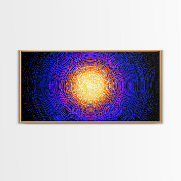 Golden Sun Blue Vortex Canvas Print, Cosmic Abstract Wall Art, Modern Retro Poster, Vibrant Space Decor For Living Room Or Office