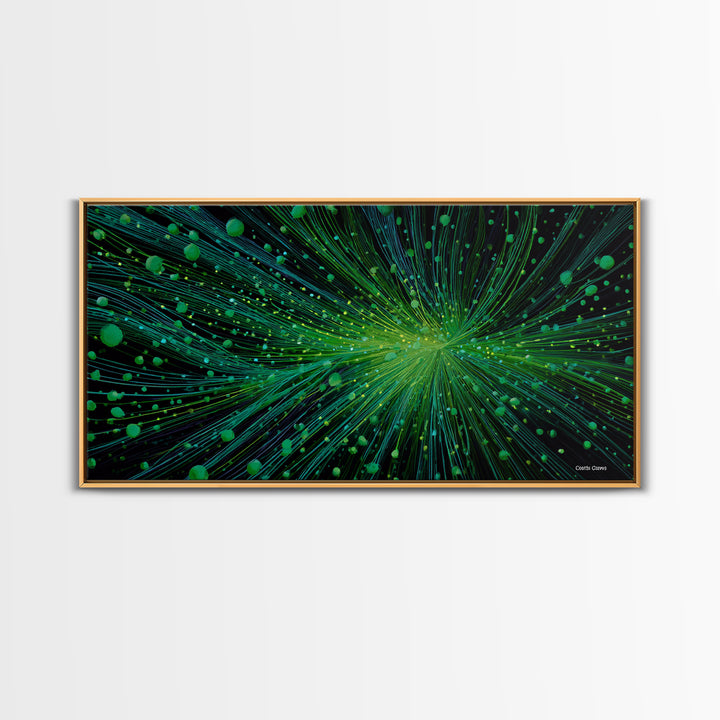 Green Particle Burst Canvas Print, Abstract Energy Lines Wall Art, Modern Digital Artwork, Sci Fi Poster For Home Office Decor