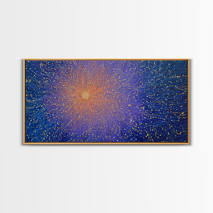 Golden Starburst Blue Wave Wall Art, Cosmic Abstract Digital Print, Modern Wall Decor, Vibrant Space Poster For Living Room