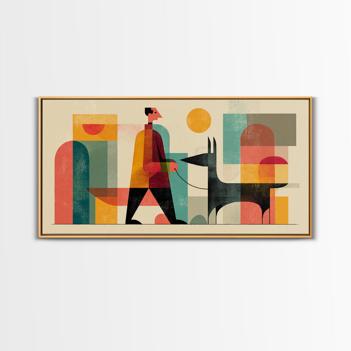 Man Walking Black Dog Wall Art, Midcentury Modern Illustration, Retro Abstract Shapes, Colorful Home Decor Canvas Print Gift