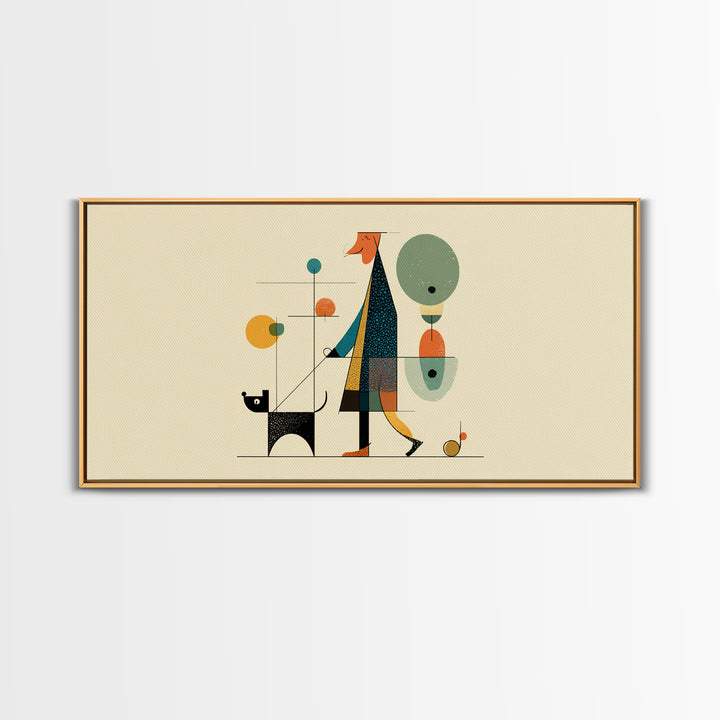 Whimsical Dog Walker Canvas Print, Midcentury Modern Minimal Art, Atomic MCM Wall Decor, Scandinavian Home Art Print Poster