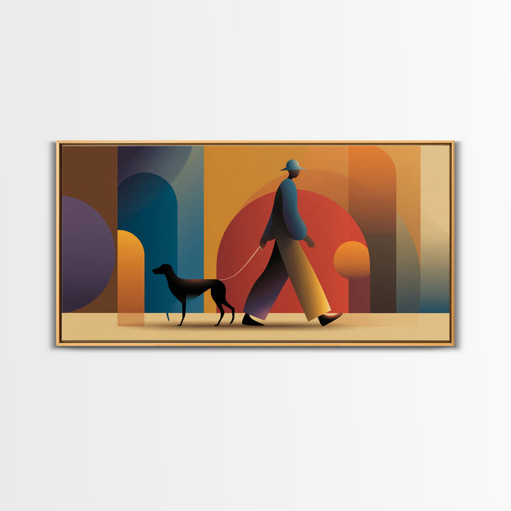Sunset Dog Walker Framed Canvas Print, Midcentury Modern Wall Art, Retro Arches Decor, Warm Orange Living Room Print Poster