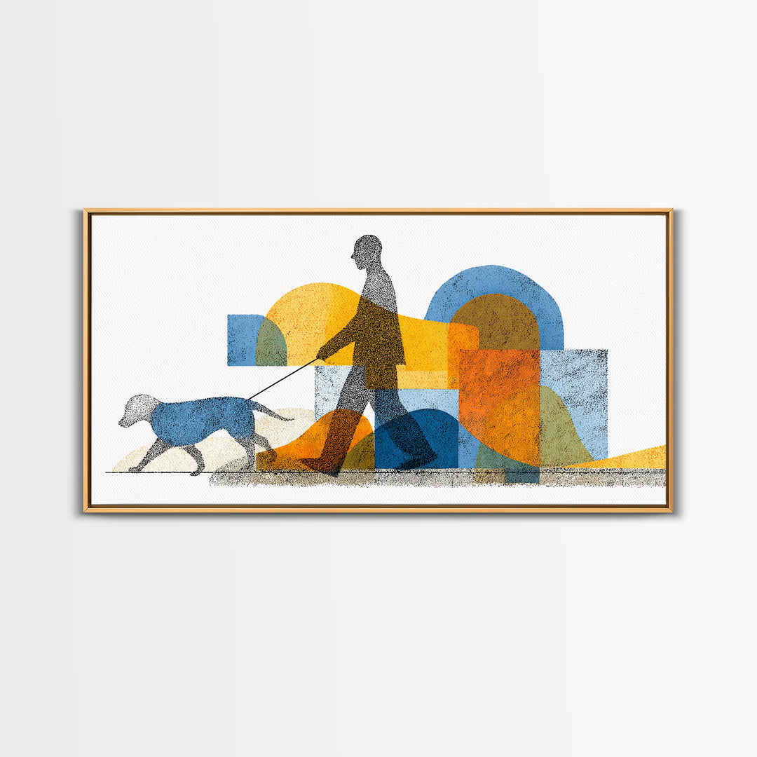 Silhouette Dog Walker Canvas Print, Midcentury Modern Wall Art, Blue Orange Geometric Decor, Minimalist Living Room Art Poster