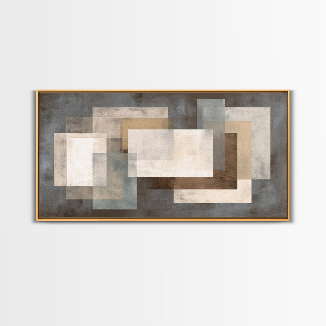 Neutral Beige Gray Layered Rectangles Framed Canvas Print, Modern Abstract Wall Art, Minimalist Living Room Home Decor Print