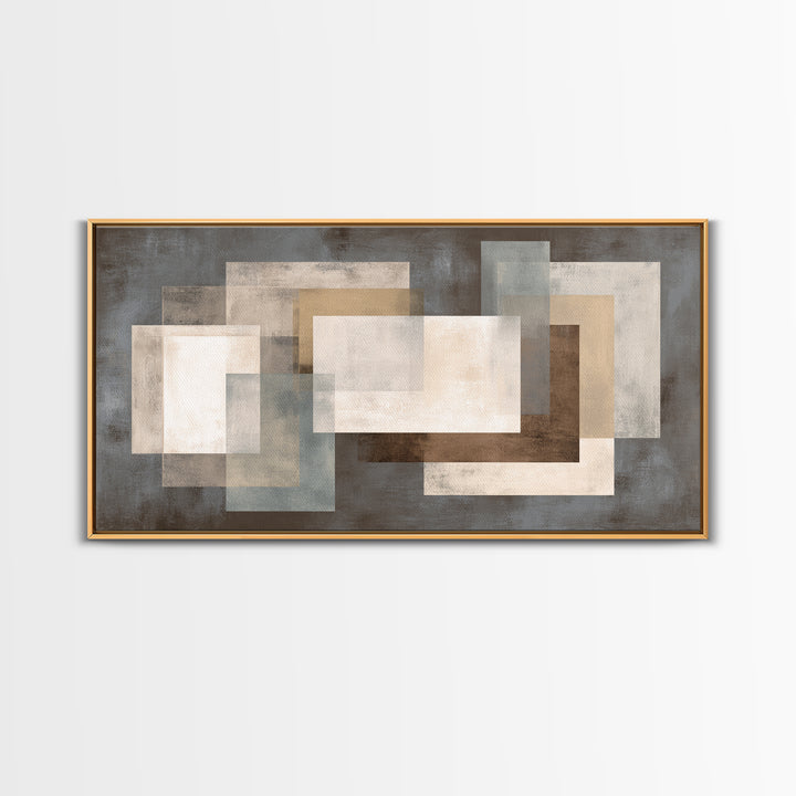 Neutral Beige Gray Layered Rectangles Framed Canvas Print, Modern Abstract Wall Art, Minimalist Living Room Home Decor Print