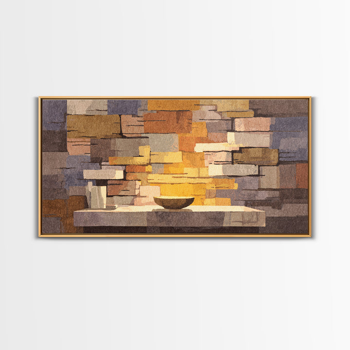 Abstract Stone Fireplace Wall Art, Midcentury Modern Home Decor, Warm Geometric Canvas Print, Cozy Living Room Artwork Poster