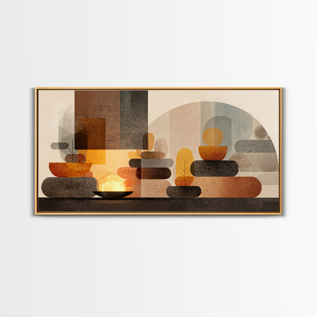 Warm Stacked Abstract Shapes With Arches, Midcentury Modern Wall Art, Earth Tone Retro Decor, Large Canvas Print, Living Room Home Decor