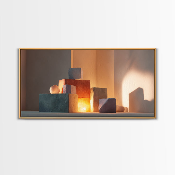 Sunlit Minimal Stone Blocks And Soft Shadows, Framed Canvas Print, Modern Wall Art, Neutral Decor, Bedroom Art Print, Home Office Decor