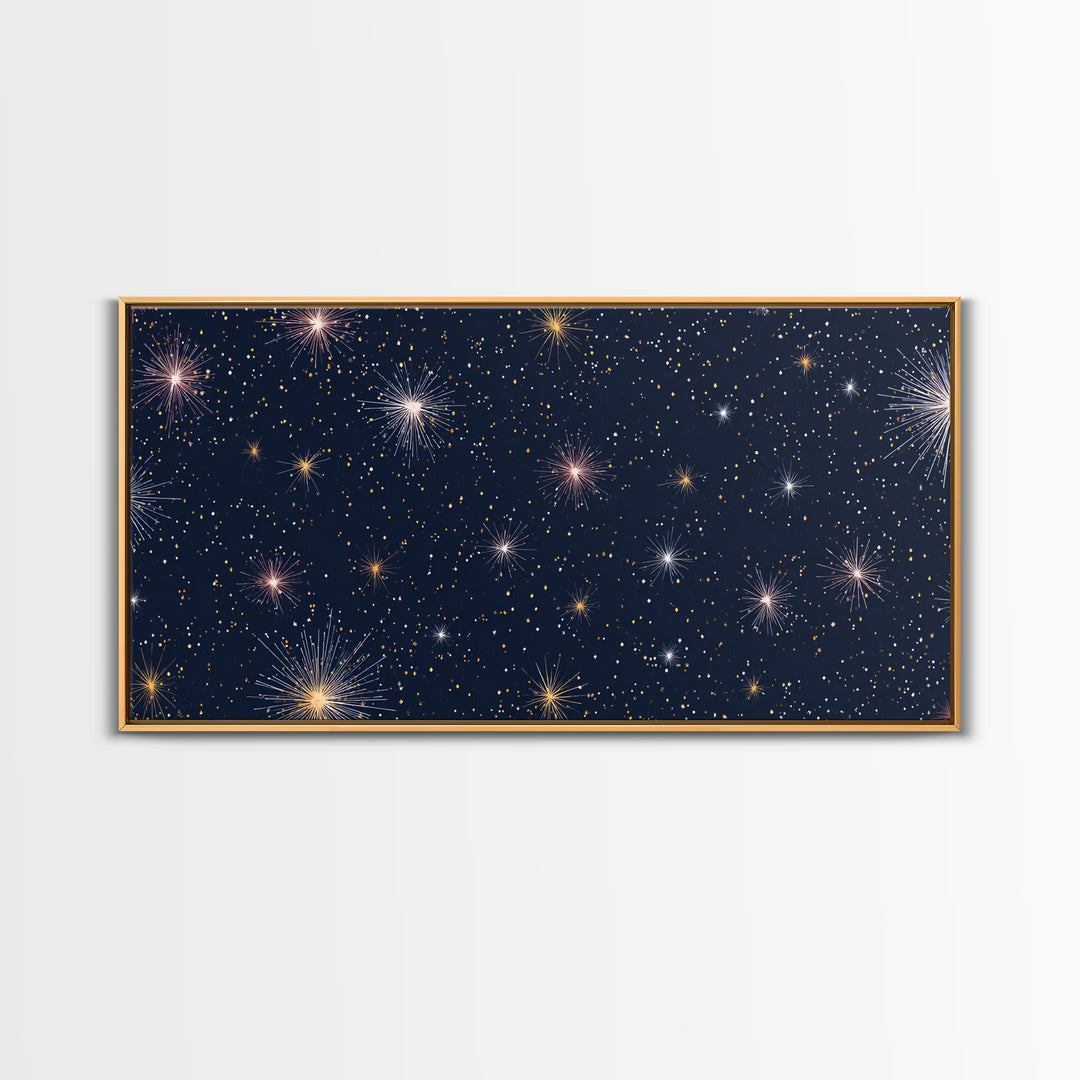 Dark Navy Gold Starry Sky Wall Art, Celestial Space Abstract Print, Modern Home Decor, Cosmic Retro Poster For Bedroom Decor