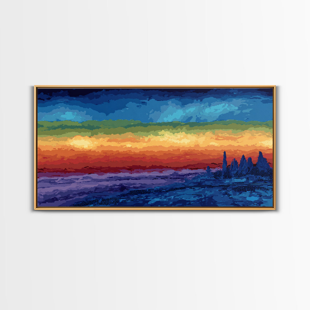 Dramatic Lake Sunset With Pine Silhouettes Framed Canvas Print, Blue Orange Landscape Wall Art, Rustic Cabin Decor, Lake House Decor