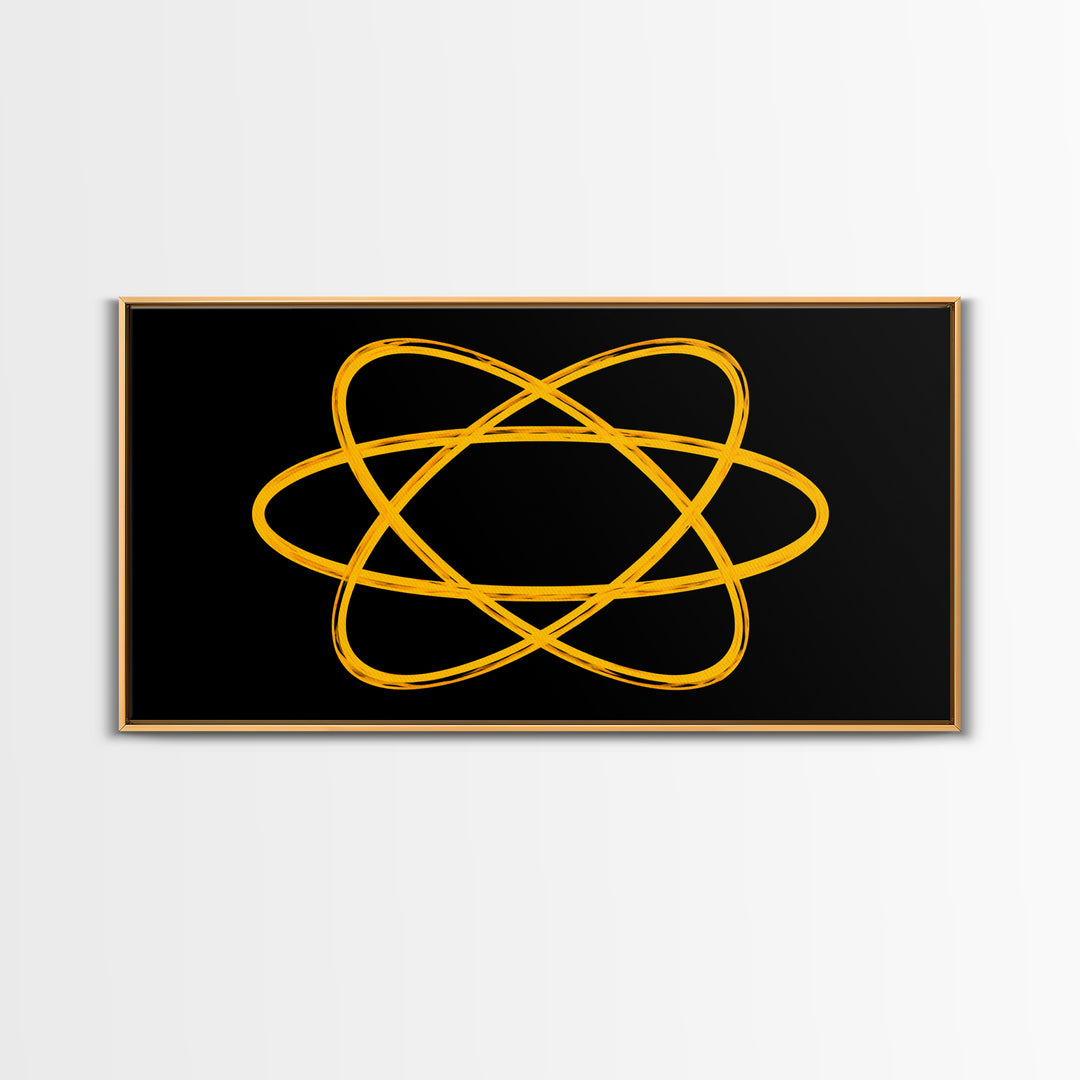 Golden Atomic Orbit Lines On Black Canvas Print, Midcentury Modern Abstract Wall Art, Retro Space Poster, Office Decor, Geek Decor