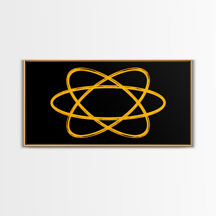 Golden Atomic Orbit Lines On Black Canvas Print, Midcentury Modern Abstract Wall Art, Retro Space Poster, Office Decor, Geek Decor