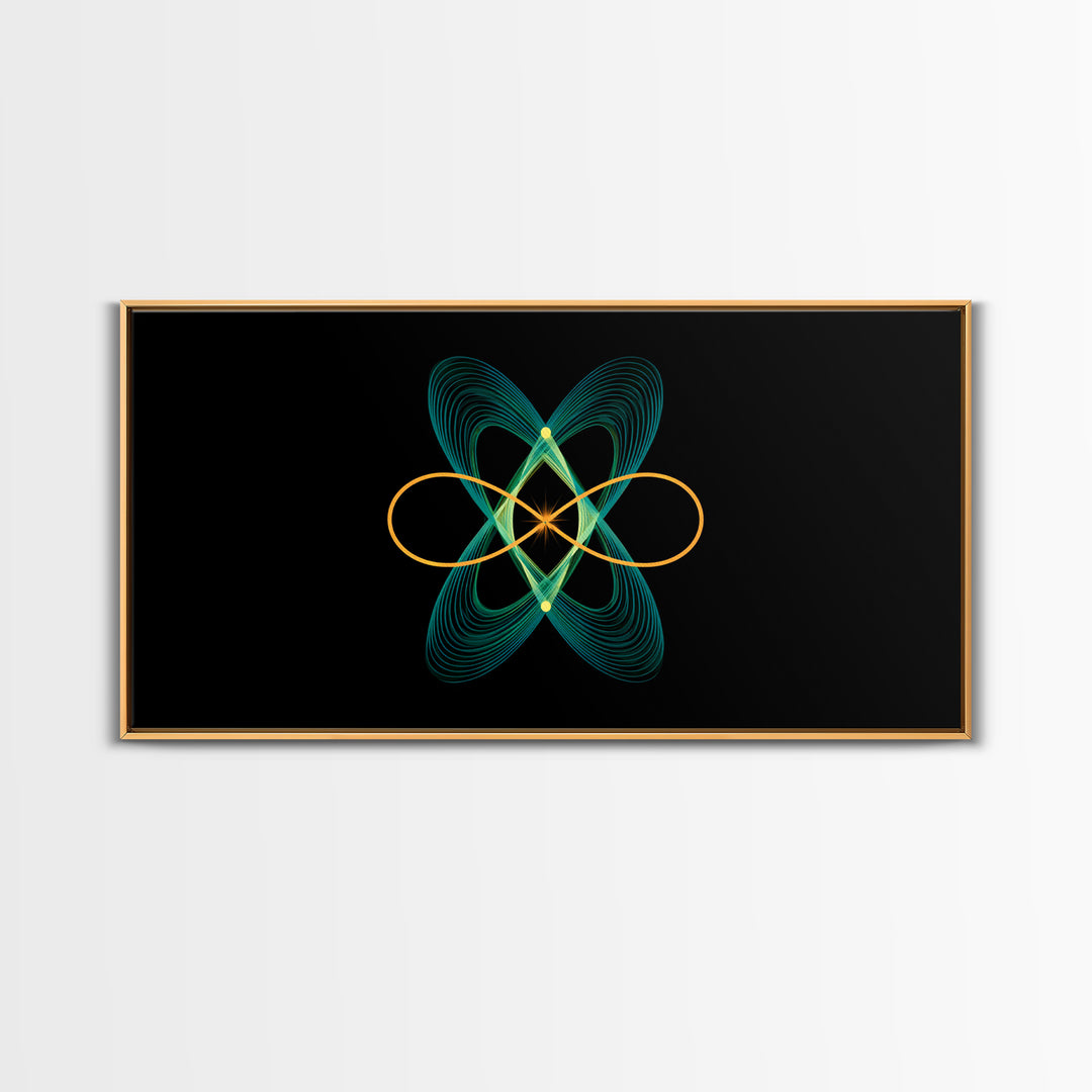Teal And Gold Orbital Wave Lines Wall Art, Atomic Midcentury Modern Abstract Print, Black Retro Space Poster, Office Decor