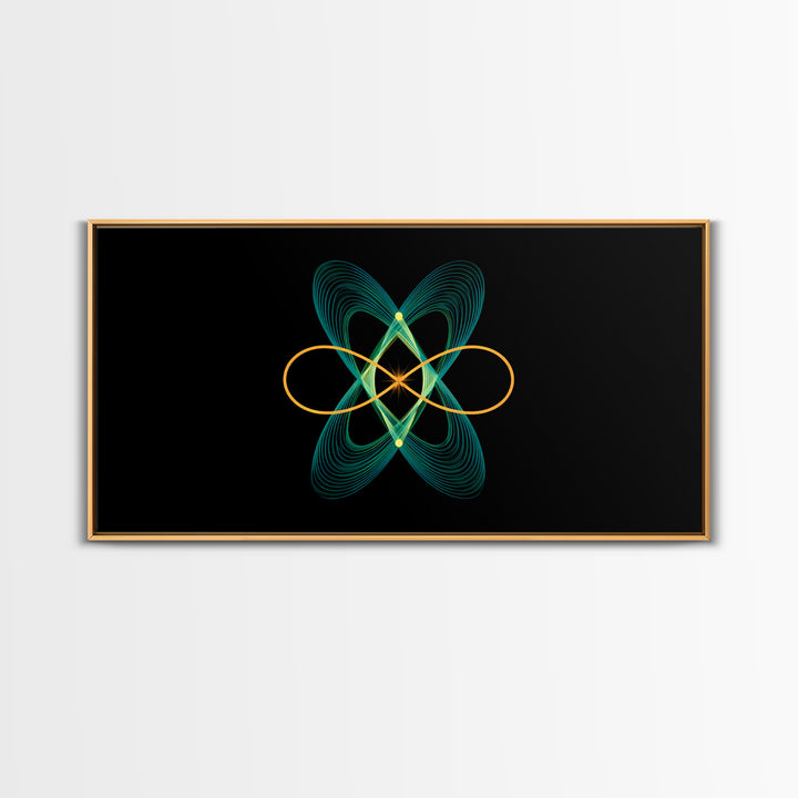 Teal And Gold Orbital Wave Lines Wall Art, Atomic Midcentury Modern Abstract Print, Black Retro Space Poster, Office Decor