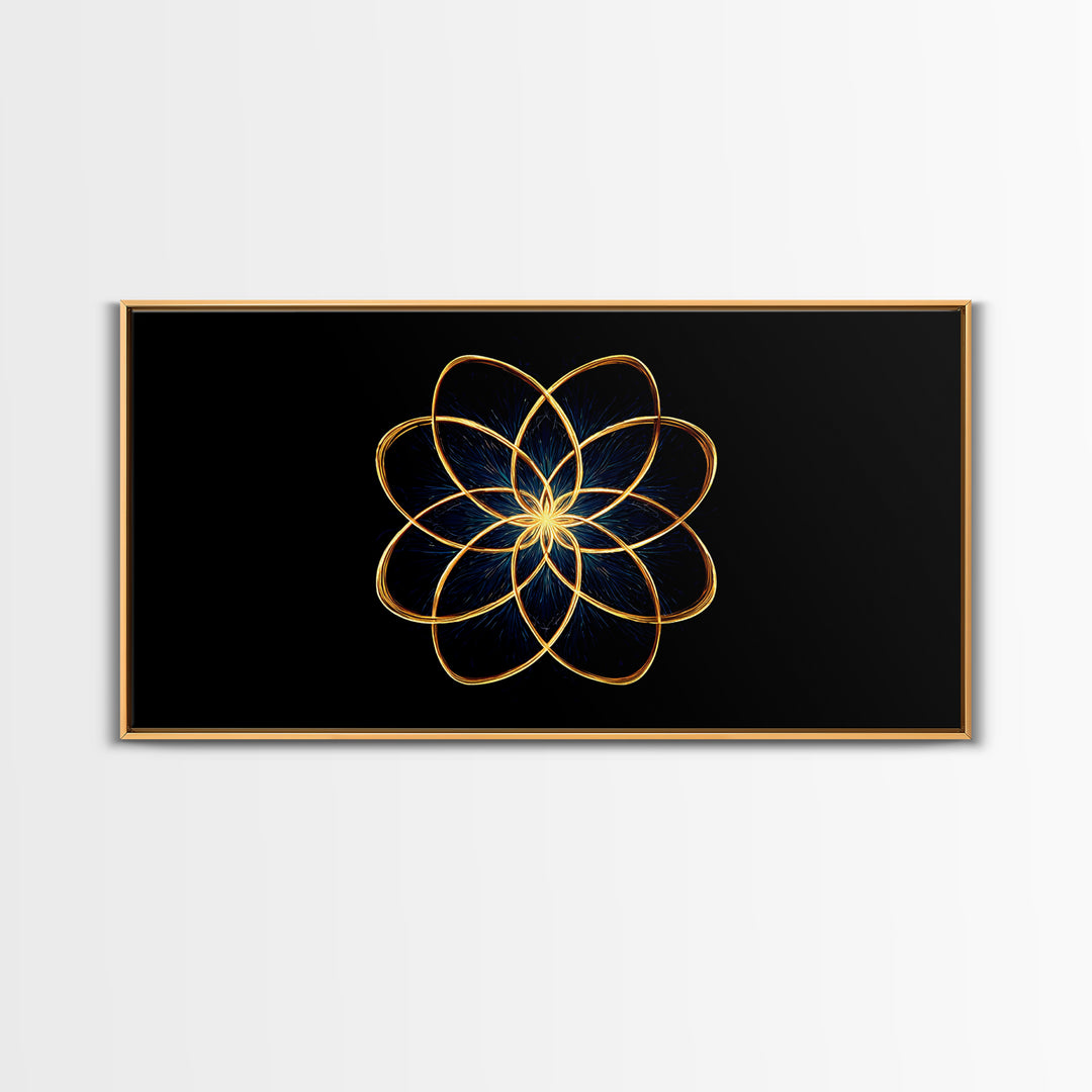 Gold Lotus Flower Line Art Canvas Print, Black And Gold Sacred Geometry Wall Decor, Spiritual Modern Abstract Artwork Gift