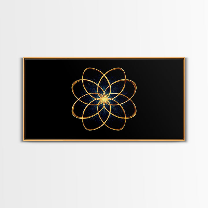 Gold Lotus Flower Line Art Canvas Print, Black And Gold Sacred Geometry Wall Decor, Spiritual Modern Abstract Artwork Gift