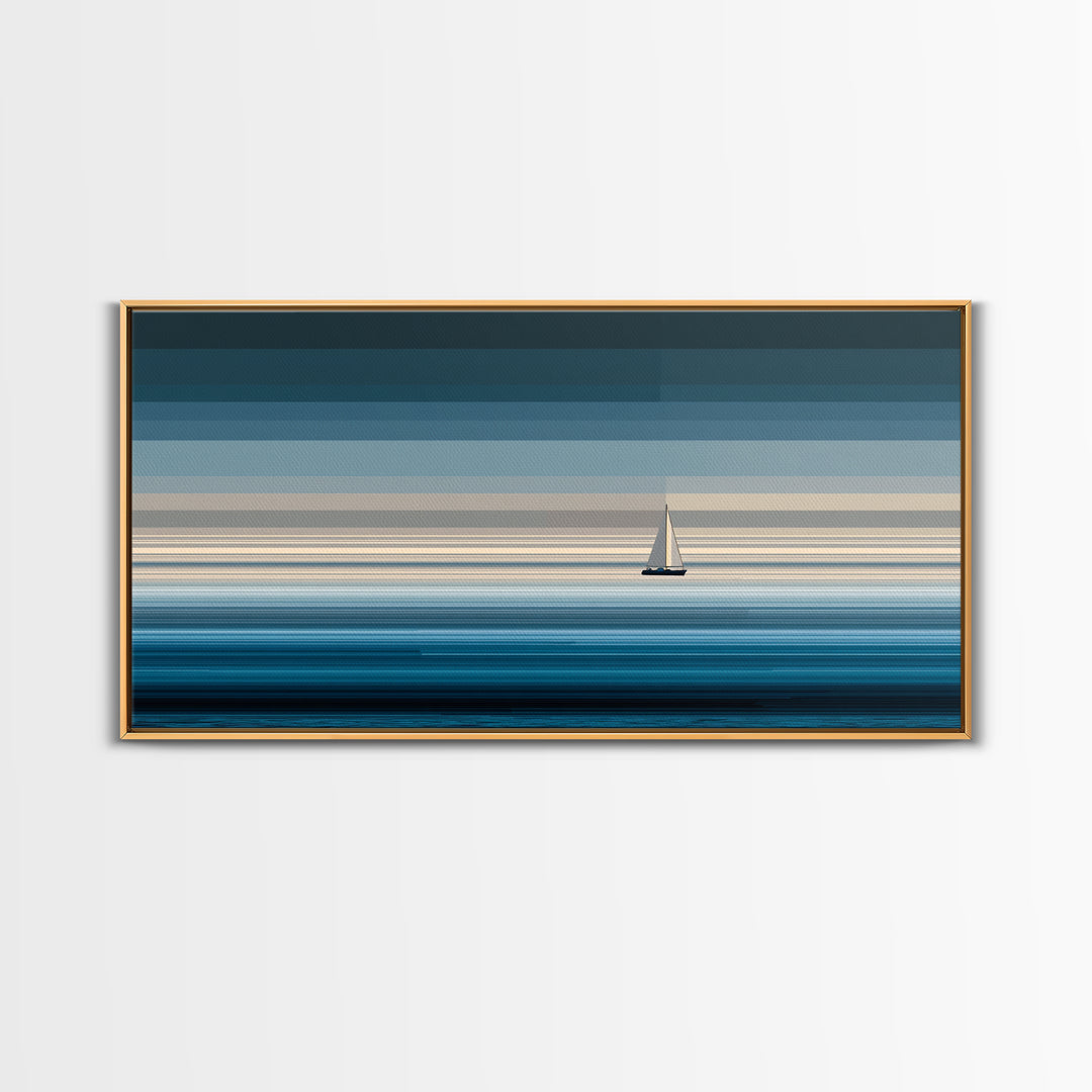 Minimal Sailboat Horizon Wall Art, Blue Ocean Seascape Print, Coastal Modern Wall Decor, Nautical Living Room Artwork Print