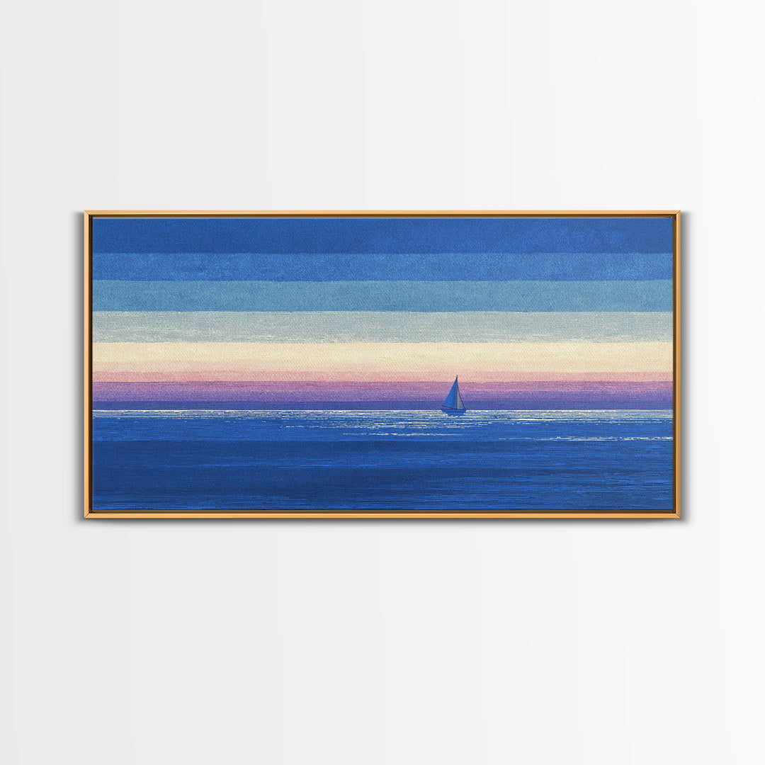 Blue Textured Sailboat Canvas Print, Ocean Sunset Seascape Wall Decor, Coastal Landscape Art For Bedroom And Lake House Decor