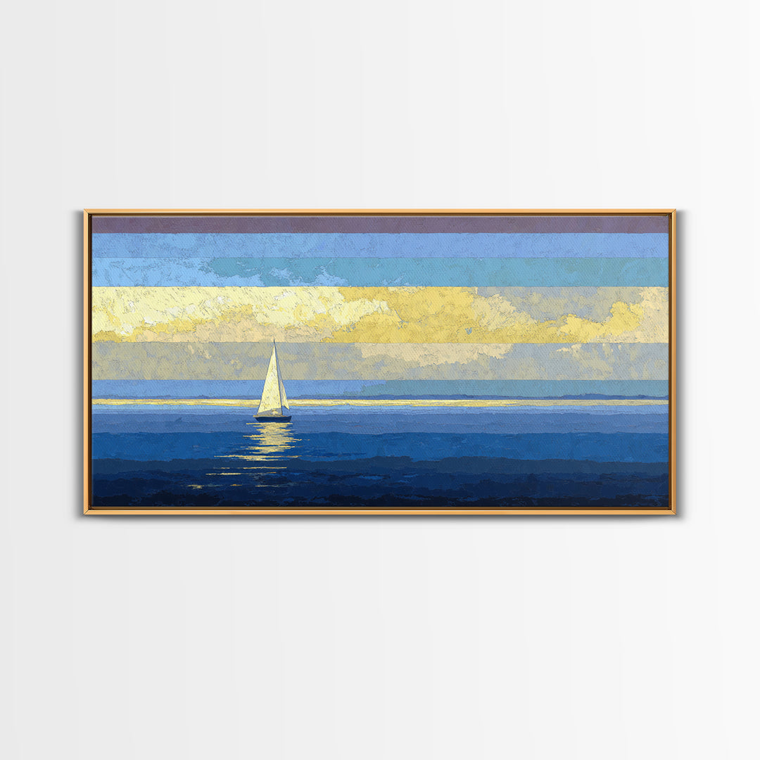 Sunlit Sailboat Seascape Framed Canvas Print, Blue Coastal Wall Art, Nautical Lake House Decor, Modern Ocean Artwork Print