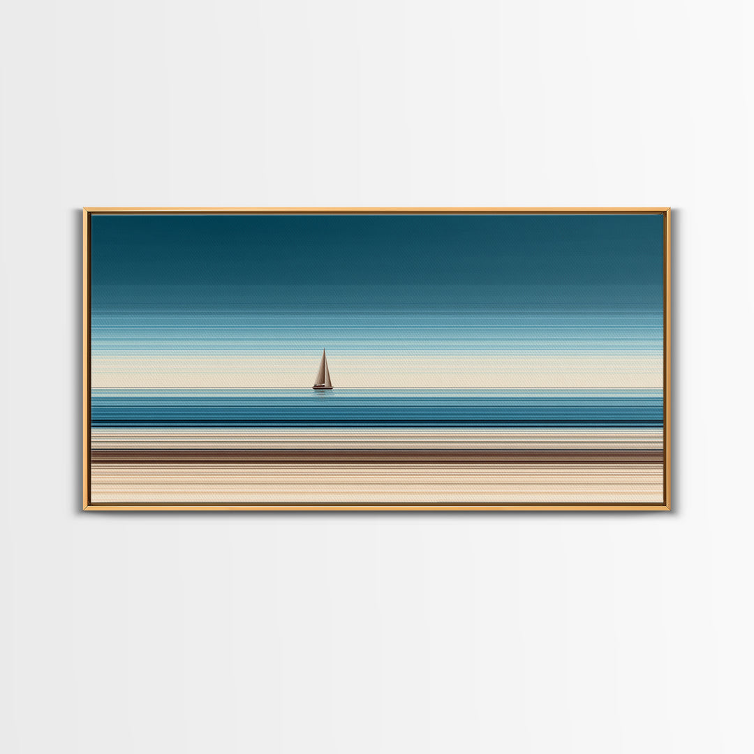 Minimalist Sailboat Horizon Canvas Print, Blue Beige Coastal Wall Art, Modern Nautical Decor For Living Room And Office Decor