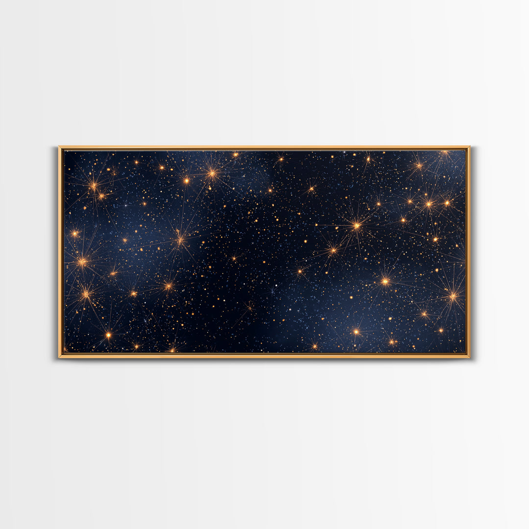 Golden Constellation Star Field Wall Art, Dark Navy Space Abstract Print, Modern Celestial Decor, Cosmic Bedroom Poster Art