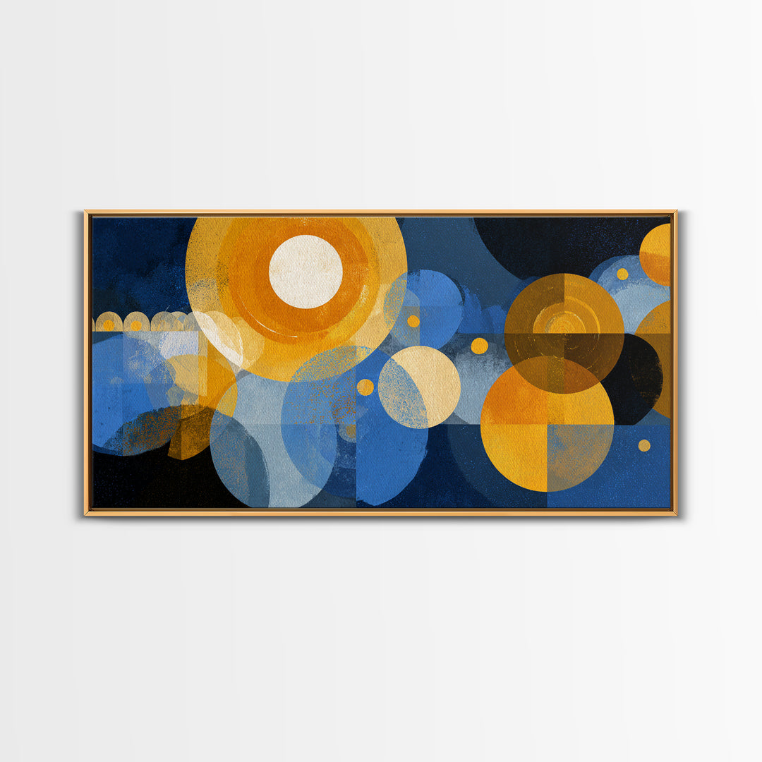 Blue Gold Atomic Circles Canvas Print, Midcentury Modern Wall Art, Geometric Abstract Poster, Retro Office Decor, MCM Home Art
