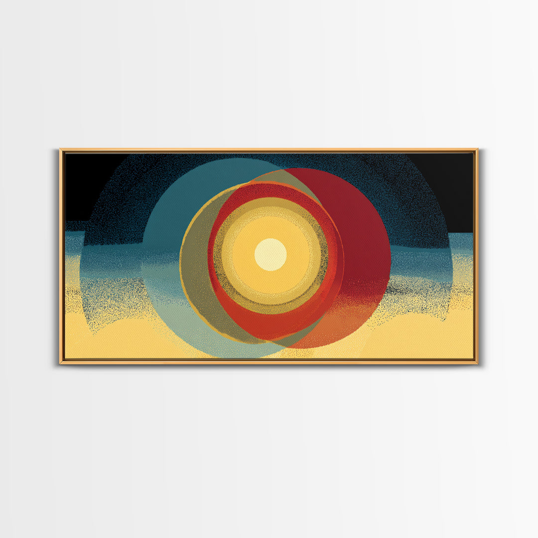 Glowing Concentric Sun Wall Art, Midcentury Modern Canvas Print, Retro Geometric Poster, Atomic Horizon Home Office Decor