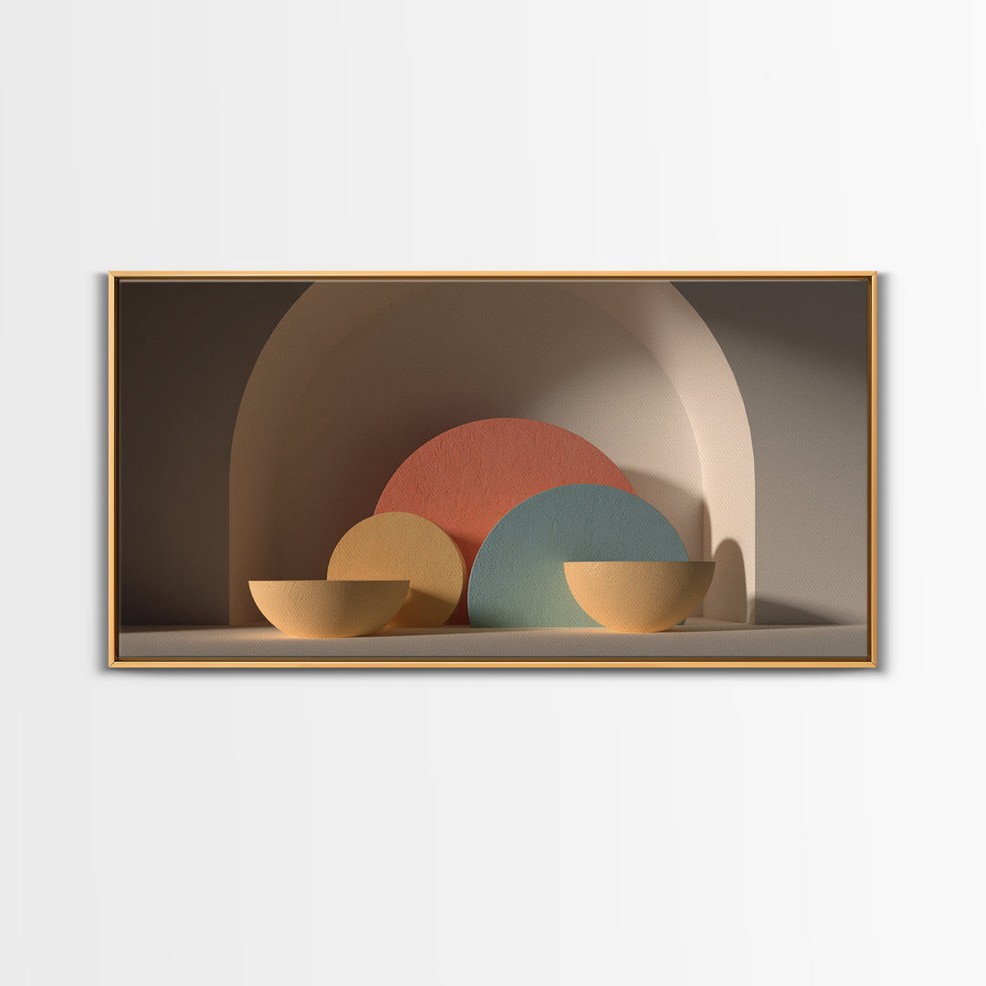 Minimalist Bowls In Arched Alcove Framed Canvas Print, Midcentury Modern Wall Art, Neutral Boho Decor, MCM Still Life Art