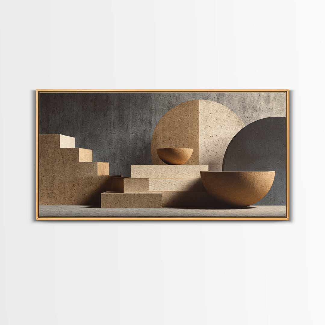 Architectural Stairs And Stone Bowls Wall Art, Framed Canvas Print, Midcentury Modern Decor, Neutral Abstract Home Office Art
