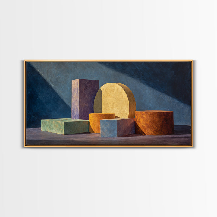 Colorful Blocks And Cylinders Still Life Wall Art, Framed Canvas Print, Modern Abstract Decor, Gallery Wall Office Poster