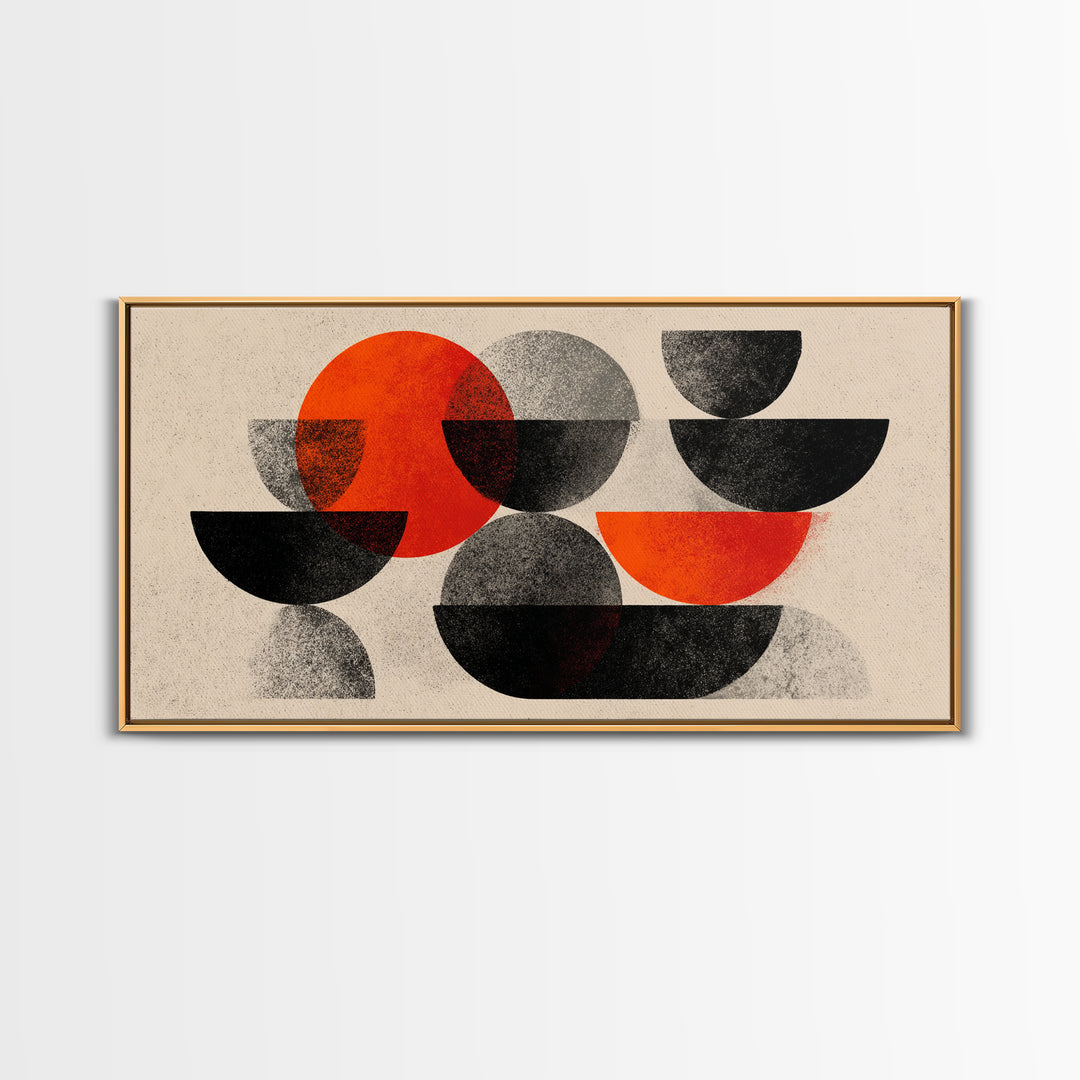 Red Black Gray Semi Circle Abstract Canvas Print, Mid Century Modern Wall Decor, Bauhaus Geometric Art For Office And Living Room
