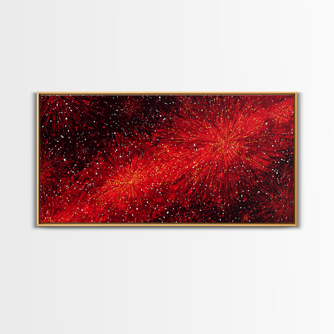 Fiery Red Starburst Fireworks Wall Art, Retro Atomic Mid Century Modern Decor, Bold Abstract Print For Living Room Or Office