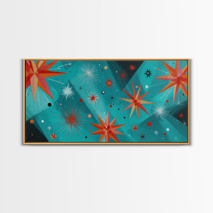 Turquoise Atomic Starburst Wall Art, Mid Century Modern Decor, Retro 50s Space Abstract Print For Living Room And Office