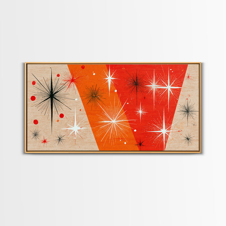 Orange Atomic Starburst Framed Canvas Print, Mid Century Modern Wall Decor, Retro Geometric Abstract Art For Bedroom Or Office